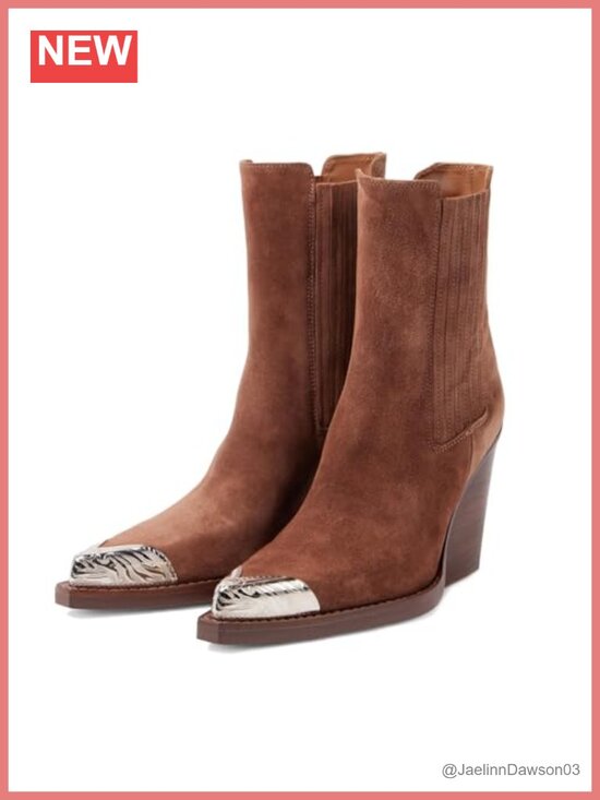 Shoes - Suede Western Cowgirl Ankle Boots Pointed Toe Stacked Heel Slip On Vintage